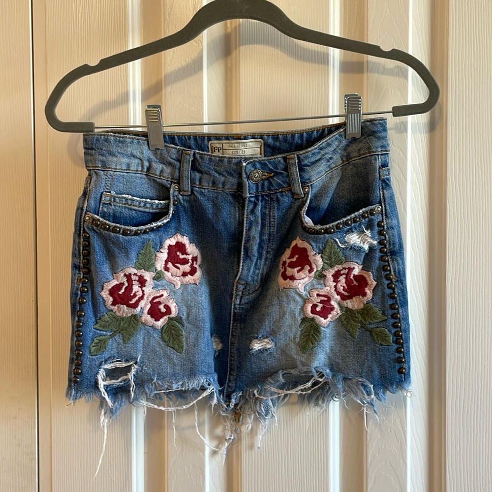 Free People Distressed Denim Embroidered Mini Skirt, Size 25